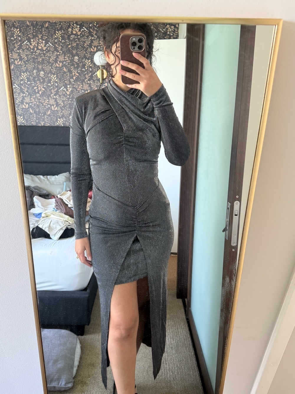 All Saints Metallic Black Long Sleeve Wrap Midi Dress